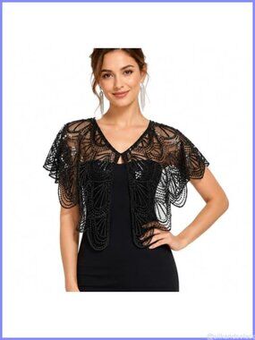 Vintage 1920s Sequin Shawl Wrap, Beaded Flapper Cape Mesh Evening Cover Up,